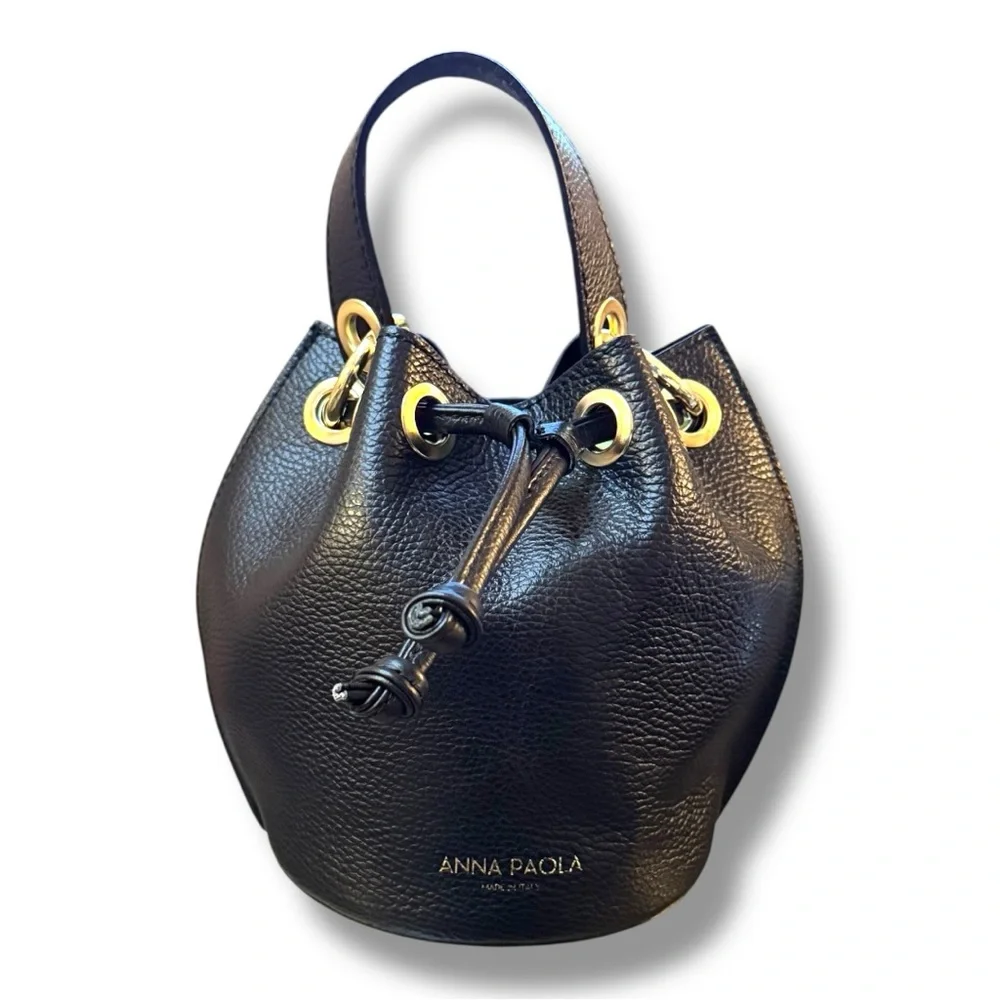 ANNA PAOLA Black Leather Mini Bucket Bag with Gold Chain - Picture 3 of 9